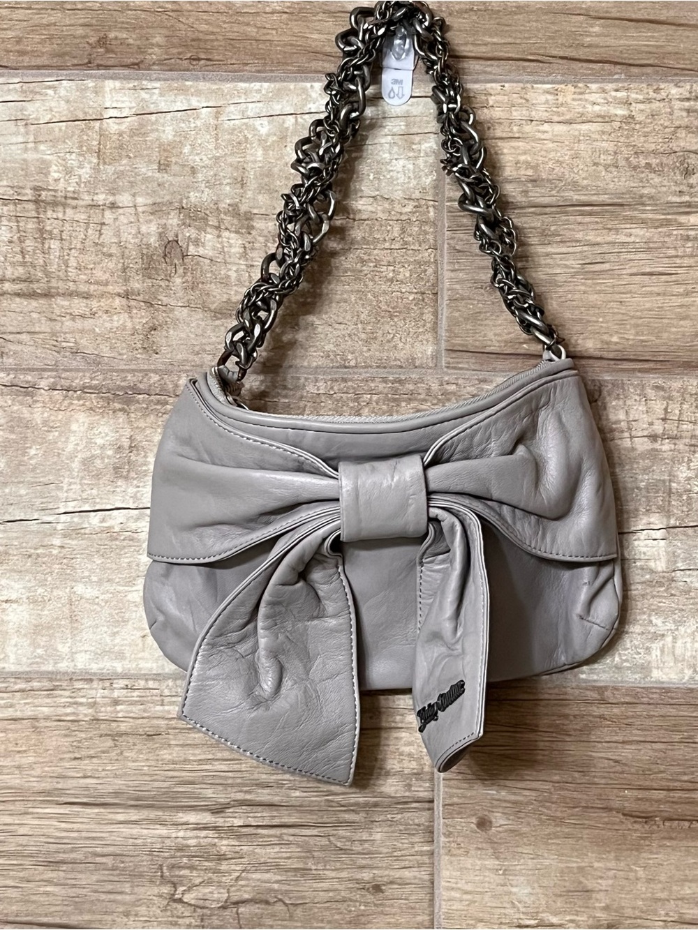Vintage y2k Juicy Couture Grey Leather Shoulder Bag with Bow Accent Chain